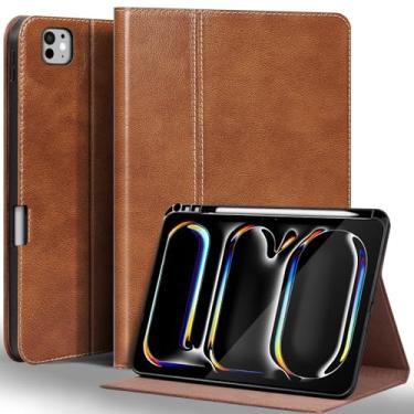 Imagem de Gexmil Capa de couro genuíno para iPad Pro de 13 polegadas M4 2024 com suporte para lápis, capa protetora à prova de choque de couro inteligente, suporte ajustável, hibernar/despertar automático