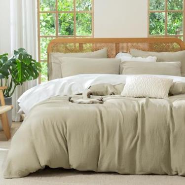 Imagem de Jane yre Capa de edredom Queen Size Desert Sage Luxuosa macia 100% algodão de camada dupla enrugada sálvia, 3 peças de roupa de cama para todas as estações, com fecho de zíper, luxuosa, macia