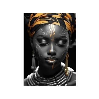 Imagem de SDYJ6GSW Retratos de mulher negra africana dourada impressões em tela pintura de menina negra imagens de arte de parede para decoração moderna de sala de estar 100 x 70 cm (39 x 28 pol) pôster