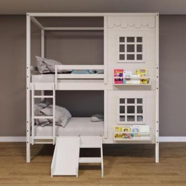 Imagem de Beliche Casinha 2 Janelas Escorregador Madeira Branco - Housin