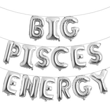 Imagem de Faixa multicolorida de balões de energia de Peixes, decorações de festa de aniversário, aniversário de peixes, letras de 41 cm, aniversário de 21 anos, aniversário de 30 anos, (BIG PISCES ENERGY prata