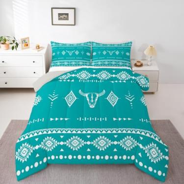 Imagem de Erosebridal Conjunto de edredom solteiro com caveira de touro, caubói ocidental, para decoração de quarto de meninos, meninas, homens e mulheres, edredom com chifres étnicos astecas do sudoeste