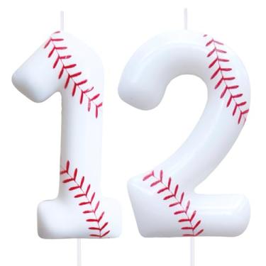 Imagem de CasaPopz Número de velas de beisebol para bolo vermelho número 1 topo de bolo de beisebol para decorações de festa de aniversário (bola de beisebol branca, número 12)