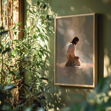 Imagem de Quadro Decorativo Jesus Ajoelhado Com Moldura Arte Religiosa Fé Cristã Oração Devocional Decoração Lar Igreja Presente