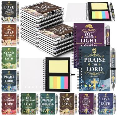 Imagem de Sayglossy 20 conjuntos de cadernos cristãos presentes em massa diário inspirador igreja religiosa espiral versículo bíblico caderno com notas adesivas caneta esferográfica de bambu para formatura da