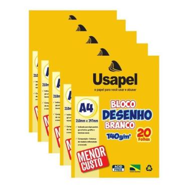 Imagem de Kit com 5 Bloco de Desenho Branco A4 140g 20Fls Usapel