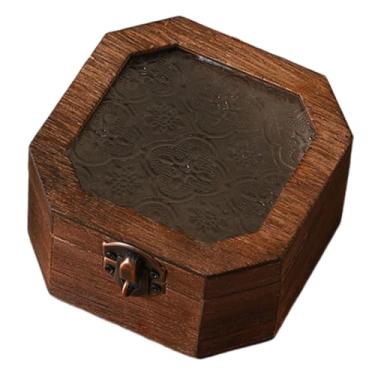 Imagem de WeiLaiKeQi Caixa organizadora de armazenamento de madeira com tampa de vidro, presentes, ornamentos resistentes, caixa de armazenamento para entrada, sala de, Octógono Marrom Escuro