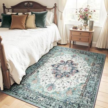 Imagem de RELEANY Tapetes de área, 1,2 m x 1,8 m, lavável, antiderrapante, floral, vintage, estampa de angústia, tapete medalhão para sala de estar, quarto, sala de jantar, verde, azul marinho, branco, vermelho