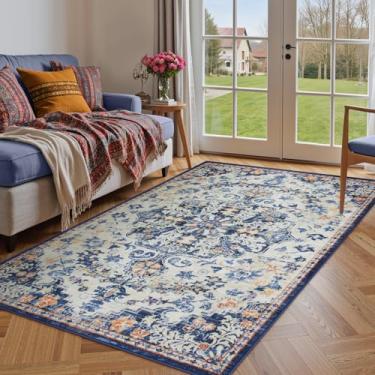 Imagem de Lahome Tapete de área boêmio floral medalhão - 122 x 183 cm azul lavável tapete macio para quarto, tapete antiderrapante para hall de entrada, sala de aula, marquise e banheiro