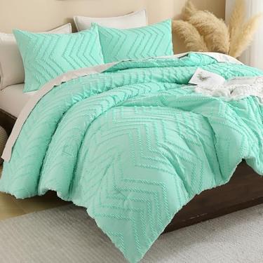 Imagem de Andency Conjunto de edredom Queen verde menta, boêmio, macio, quente, tufado, para cama queen size, 3 peças, estética, chevron, fazenda, boêmio, texturizado, conjunto de cama