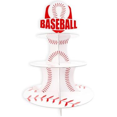 Imagem de hhdatc Suporte de cupcake de beisebol de 3 camadas, exibição de sobremesa para beisebol, festa de aniversário de novato, 1º aniversário, mesa de bolo ou decoração de suporte de concessão