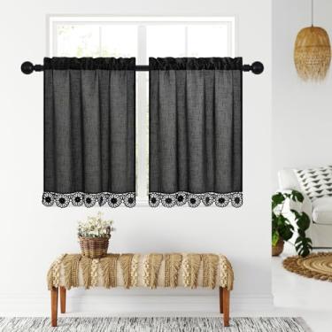 Imagem de Gibelle Cortinas de cozinha Boho pretas de 61 cm de comprimento, 2 painéis, cortinas de café de fazenda com borla, cortina pequena de linho para trailer, banheiro, pia, armário, meia porta, janelas de
