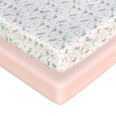 Imagem de Pacote com 2 mini lençóis de berço – Pacote de algodão jersey e lençóis de brinquedo com elástico, 68,6 cm x 99,1 cm, serve para colchão Graco Pack n Play, lençóis macios para cercadinho Oeko-Tex