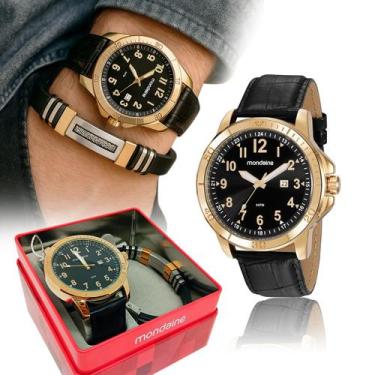 Imagem de Relógio Masculino Mondaine Preto Dourado Pulseira De Couro Casual Mode