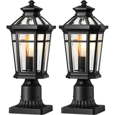 Imagem de OPAXIS Pacote com 2 postes de luzes externas com fio, moderno preto do crepúsculo ao amanhecer, poste de iluminação externa, 18 × 43 cm A lanterna com base de montagem no cais, postes de luz à prova