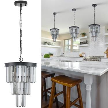 Imagem de Luminária pendente de cristal preto de 3 camadas, mini lustre de cristal K9 cinza fumê moderno para cozinha, ilha, sala de jantar, corredor, quarto, armário