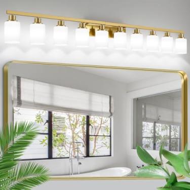 Imagem de DIKAIDA Luminária dourada para banheiro, luminária de banheiro dourada escovada de 10 luzes com vidro fosco branco, arandelas de lâmpada de parede de 164 cm para espelho de quarto, corredor de sala de