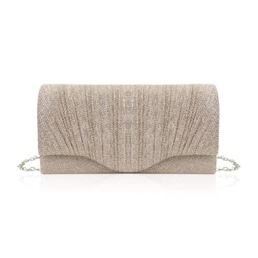 Imagem de AfitLulu Bolsa clutch plissada para noite, bolsa feminina brilhante para banquete com alça de corrente, bolsa envelope feminina de lantejoulas, Dourado