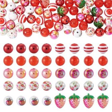 Imagem de Cheriswelry Kit de 60 contas de acrílico redondas grossas contas de chiclete de morango e maçã plástico espaçador para caneta faça você mesmo, pulseira, colar, chaveiro, fabricação de joias (vermelho)
