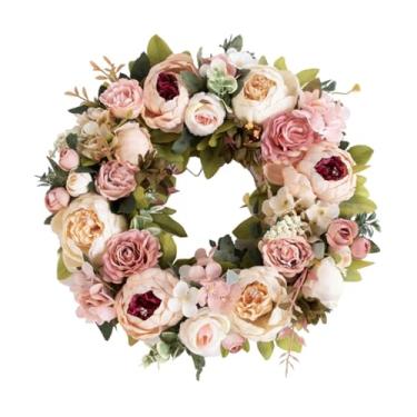 Imagem de BLWOTMOR Guirlanda de Porta Da Frente de de Primavera, 15,75 Polegadas, Flores de Peônia Artificiais para Quarto, Champanhe, Tamanho real