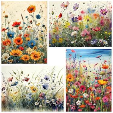 Imagem de 4 pacotes de tinta por número para adultos, kits de pintura a óleo acrílica de flores DIY por números em tela, kits de pintura por números para adultos, pintura de desenho para decoração de casa