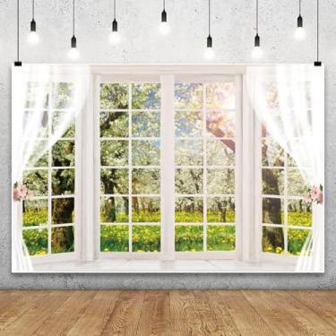 Imagem de 2,4 x 1,8 m com vista de janela de primavera, vintage, branco, parapeito de janela, floral, cenário fotográfico, natureza, sol, verde, gramado, flores, decorações de festa ao ar livre, para crianças