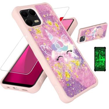 Imagem de jioeuinly Capa para celular T-Mobile Revvl 8 Pro compatível com Revvl 8 Pro [com protetor de tela de vidro temperado][PC rígido + silicone macio][suporte para anel] [glitter dourado + luminoso