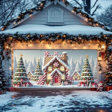 Imagem de 2,1 x 4,9 m de Natal Gingerbread Garage Door Cover Decorações de Doces de Neve Pano de Fundo de Pão de Gengibre Banner de Porta de Garagem de Natal Pinheiros Grandes Bandeiras de Natal para Artigos de