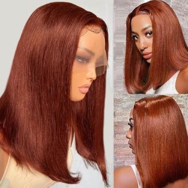 Imagem de Perucas frontais de renda 33 x 10 cm, cabelo humano marrom, marrom avermelhado, hd lace front bob, perucas para mulheres negras, 25,4 cm sem cola, sem cola, com cabelo de bebê, peruca reta curta