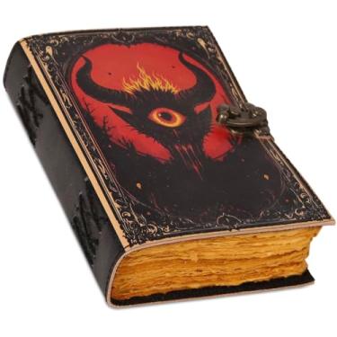Imagem de Caderno de couro Book of Spells Deckle Edge Paper Journal Witcan Journal Spiral Gothic Notebook Grimoire Journal para homens e mulheres (Satanás)