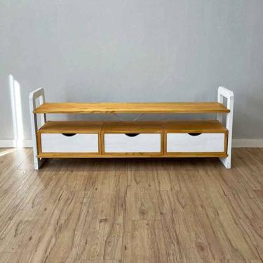 Imagem de Rack de TV de Madeira Pinus Linea com 3 Gavetas Nozes e Branco - ArtFa