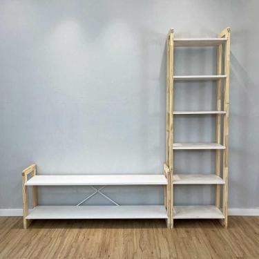 Imagem de Rack de TV de Madeira Pinus com Estante 6 Prateleiras Slim Linea Branc