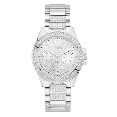 Imagem de GUESS Mostrador incrustado de cristal de aço inoxidável dourado com relógio de silicone resistente a manchas pretas (modelo: U1160L1), Prateado/prateado, NS, Lady Frontier