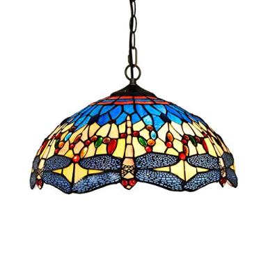 Imagem de Lustre de vitral clássico bar restaurante café luminária suspensa azul claro amarelo esmalte arte lustre bar restaurante luminária envidraçada