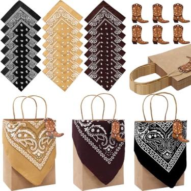 Imagem de JarThenaAMCS Conjunto de 18 sacos de papel caubói ocidental com etiqueta de bota bandana sacos de petiscos rústicos com alças sacos de guloseimas para rodeio, aniversário, chá de bebê, lembrancinhas