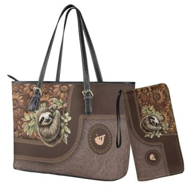 Imagem de Lotusorchid Bolsa com alça superior com conjunto de carteira, bolsa feminina com carteira para viagem, Marrom - Girassol preguiça, One Size