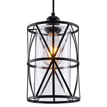 Imagem de YQSLQZZ Lustre de ilha de cozinha preto de fazenda, iluminação decorativa para sala de jantar, gaiola industrial, luminária pendente com sombra de vidro, altura ajustável, para pias de corredor