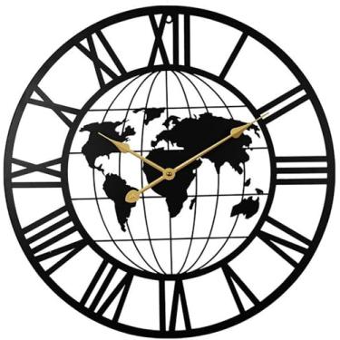 Imagem de WYUYIWH Relógio de parede arte moderna relógio de parede mapa do mundo relógio de parede 60 cm preto, relógio redondo de metal sem tique-taque para sala de estar quarto decoração de escritório em casa