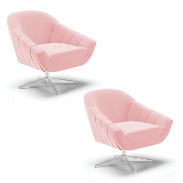 Imagem de Kit 02 Poltronas Giratória Giovana Suede Rosa Bebê Base Cromada D03 - D'Rossi