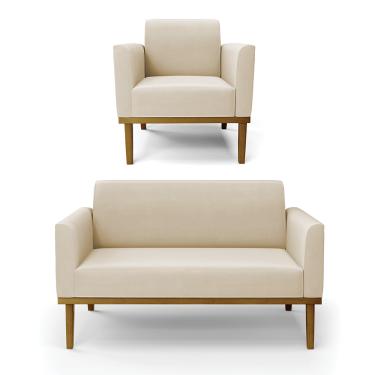 Imagem de Sofá Namoradeira com Poltrona Base de Madeira Fixa Castanho Marisa Suede Bege D03 - D'Rossi
