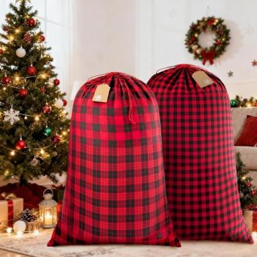 Imagem de OuMuaMua Sacos de presente de Natal de tecido jumbo de 89 x 139 cm com cordão, 2 peças de sacos de Natal xadrez de búfalo vermelho e preto com etiquetas de presente Kraft, saco de Papai Noel