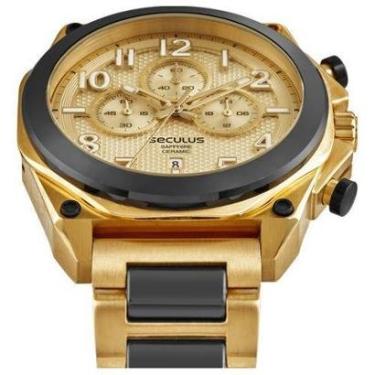 Imagem de Relógio Seculus Masculino Dourado Cerâmica Preto Cronografo Preto Dourado Dourado-Masculino