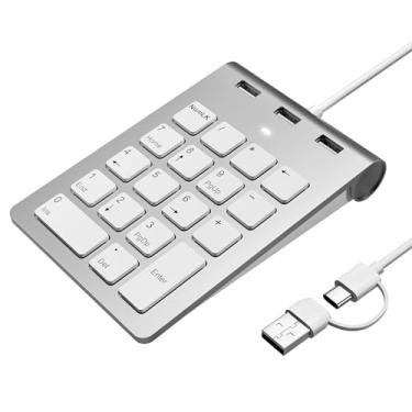 Imagem de Teclado numérico com fio, teclado numérico USB com 3 portas USB 2.0, mini teclado portátil fino com 18 teclas para laptop, desktop, PC, ChromeBook, Surface Notebook