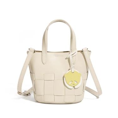 Imagem de Bolsa feminina de couro legítimo, design de tecido elegante, alça compacta com alça de ombro, Bege, Small