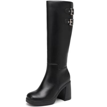 Imagem de TYNDALL Botas femininas de cano alto para uso diário, plataforma preta, salto grosso, botas femininas estilosas, Preto, 36