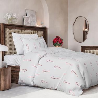 Imagem de Conjunto de capa de edredom de Natal tamanho solteiro - capa de edredom solteiro extramacia com 1 fronha - Roupa de cama de Natal com fechos de zíper e laços - Conjunto de cama respirável confortável