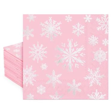 Imagem de FYSUIMU Guardanapos de papel rosa de Natal 80 peças, folha descartável, prata, floco de neve, almoço, jantar, guardanapos para Natal, aniversário, chá de bebê, artigos de mesa