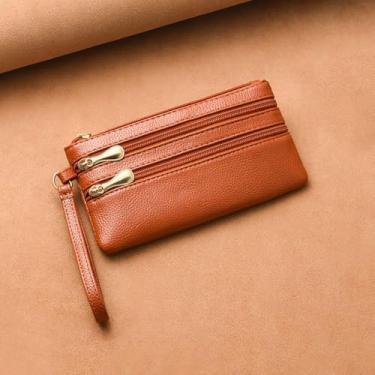 Imagem de Bolsa de cartão de grande capacidade multifuncional PU porta-chaves com zíper carteira longa feminina masculina (marrom)