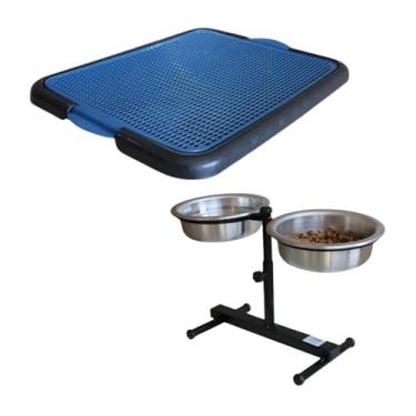 Imagem de Comedouro Duplo Elevado 450ml Para Cães Pequenos E Médios + Sanitário Higiênico Colorido Xixi Dog Tapete Absorvente (Azul)