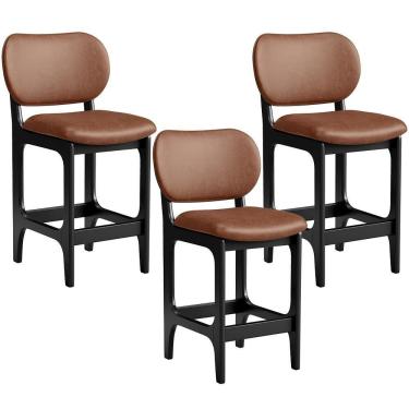 Imagem de Kit 03 Banquetas Baixa Bar Cozinha E Sala De Jantar Fixa Betta Preto Couríssimo Marrom